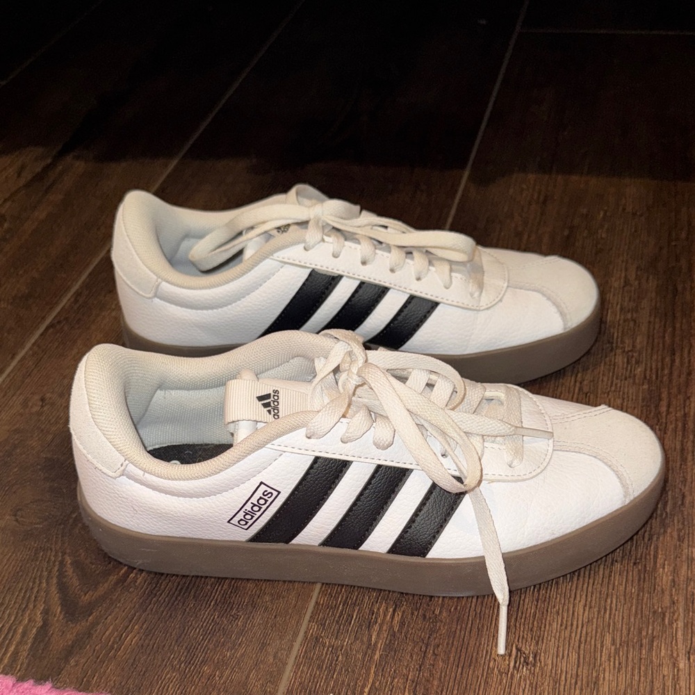 adidas White VL Court 3.0 Sneakers Black Stripes and Gum Sole- worn a few times